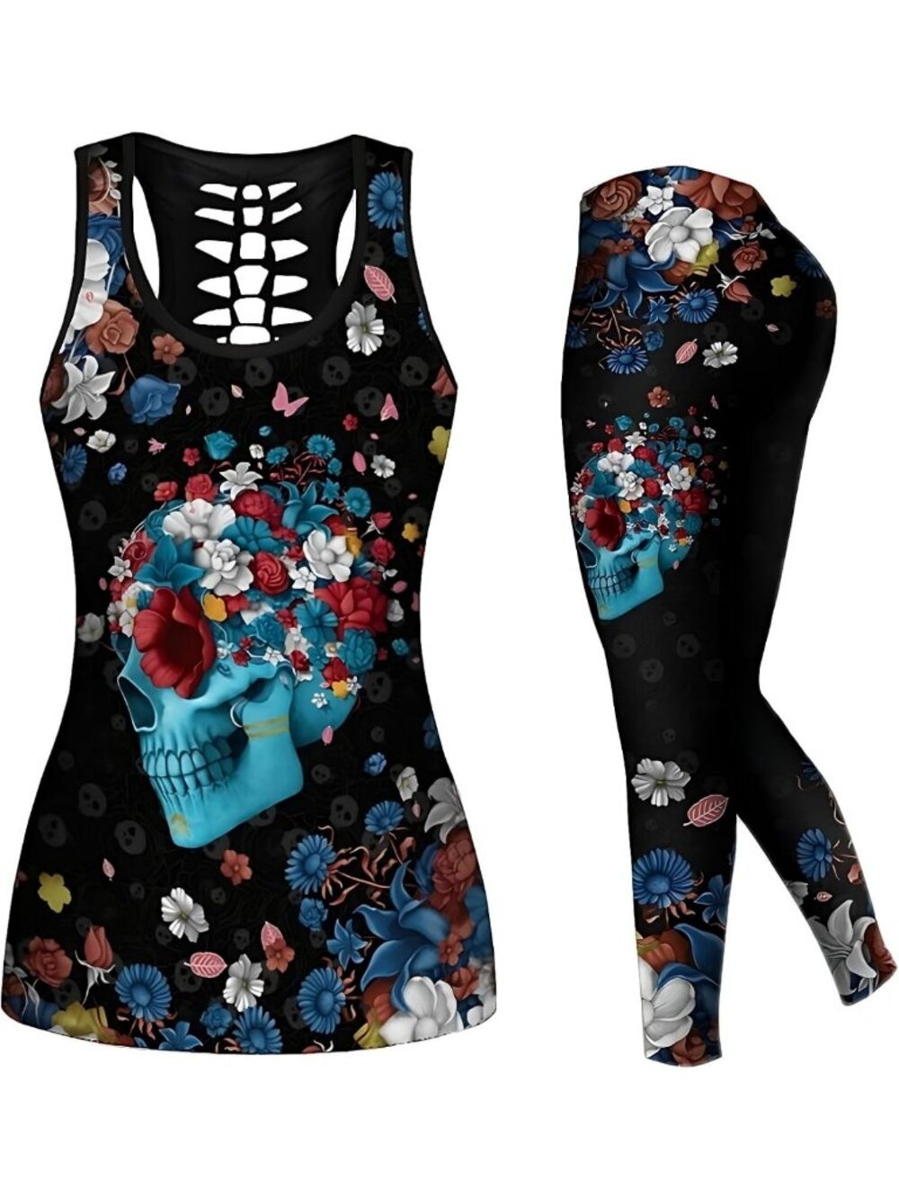 Sugar Skull Yoga Outfit Set for Women | Summer Tank Top & Leggings Activewear